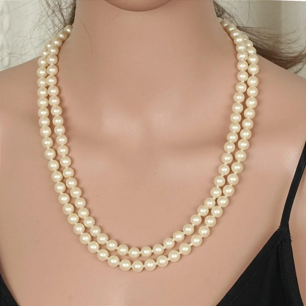 Vintage Double Strand Faux Pearl Necklace‎ Ivory Cream Silver Tone Box Clasp